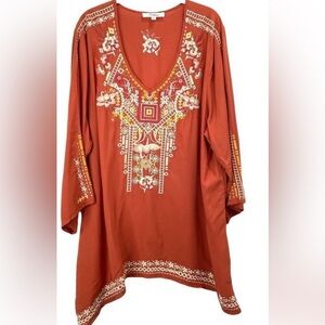 Solitaire boho TUNIC embroidery flower geometric blouse rust orange lagenlook 1X